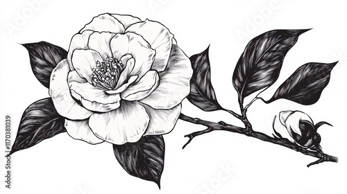 A detailed black and white illustration of a camellia flower with elegant petals and leaves.