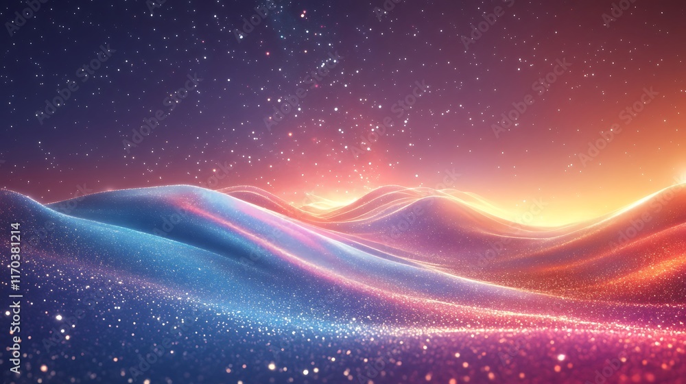 Fototapeta premium Glittering Celestial Landscape With Rolling Hills and Stars