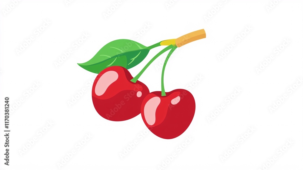 Obraz premium Two vibrant red cherries with green leaves, symbolizing freshness and sweetness.