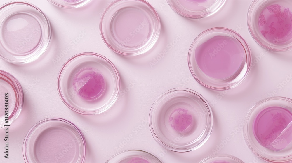 Scientific laboratory experiment with pink liquid in petri dishes on light background Scientific laboratory experiment with pink liquid in petri dishes on light background