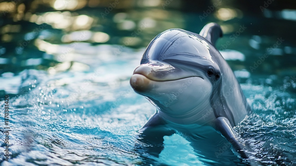 Naklejka premium A playful dolphin swims gracefully in a sparkling blue pool, showcasing its sleek body and friendly demeanor.