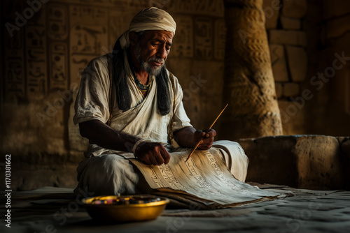 An ancient scribe writing on papyrus parchment.