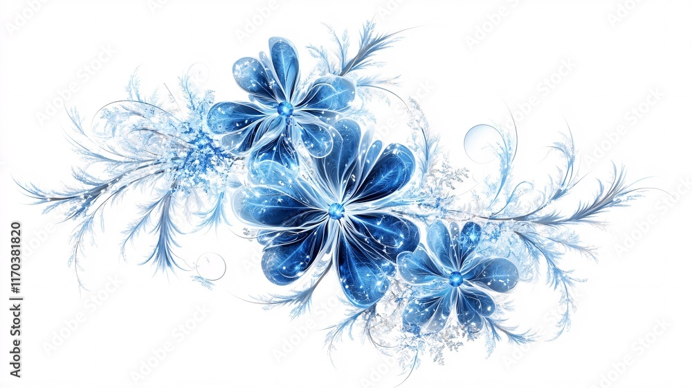 Fototapeta premium A stunning arrangement of blue and white flowers with intricate details and frosty elements, evoking a serene winter vibe.