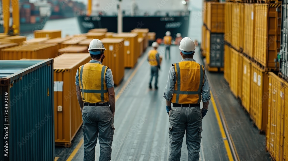 Cargo Management and Warehouse Scheduling Solutions concept. Workers overseeing cargo containers on a shipping dock. Cargo Management and Warehouse Scheduling Solutions concept. Workers overseeing cargo containers on a shipping dock.