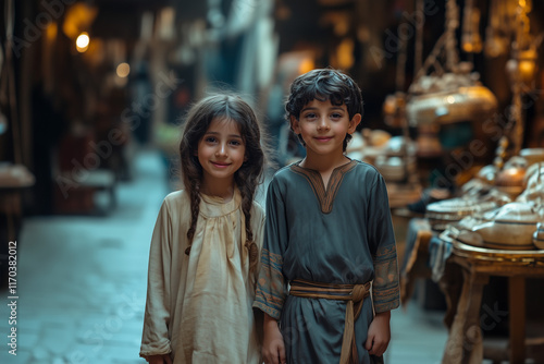 A smiling girl and boy dressed in historical middle eastern clothing in a street market. photo