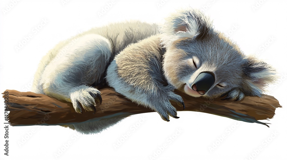 Obraz premium A cozy cartoon-style koala, resting peacefully on a branch, showcasing its fluffy fur and adorable features.