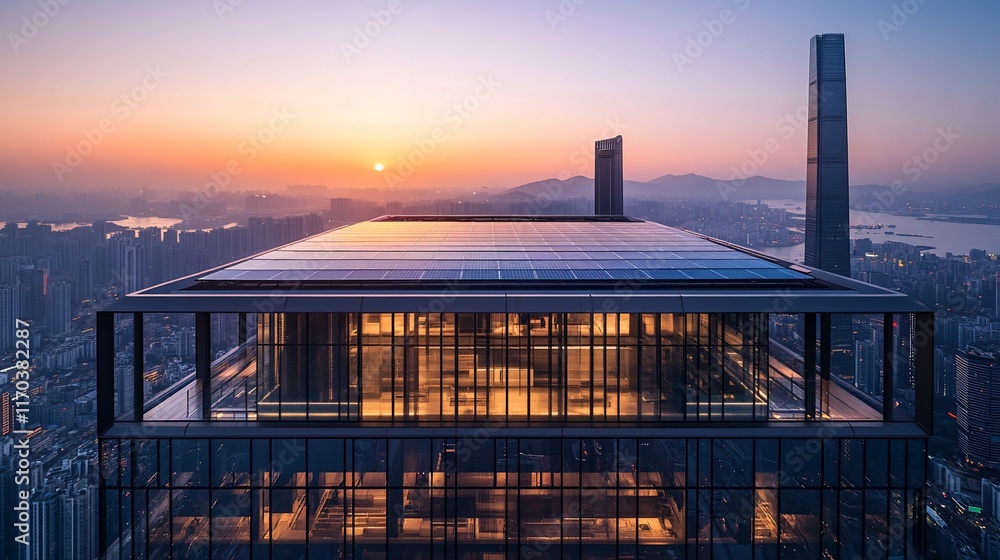 Obraz premium Sunrise Over Modern Cityscape: A Rooftop Solar Panel Installation