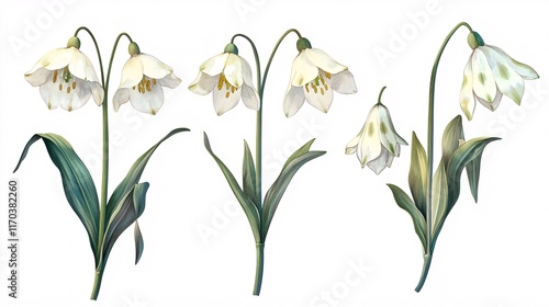 Delicate white snowdrop flowers with green accents, showcasing their elegant blooms in a serene and artistic arrangement.