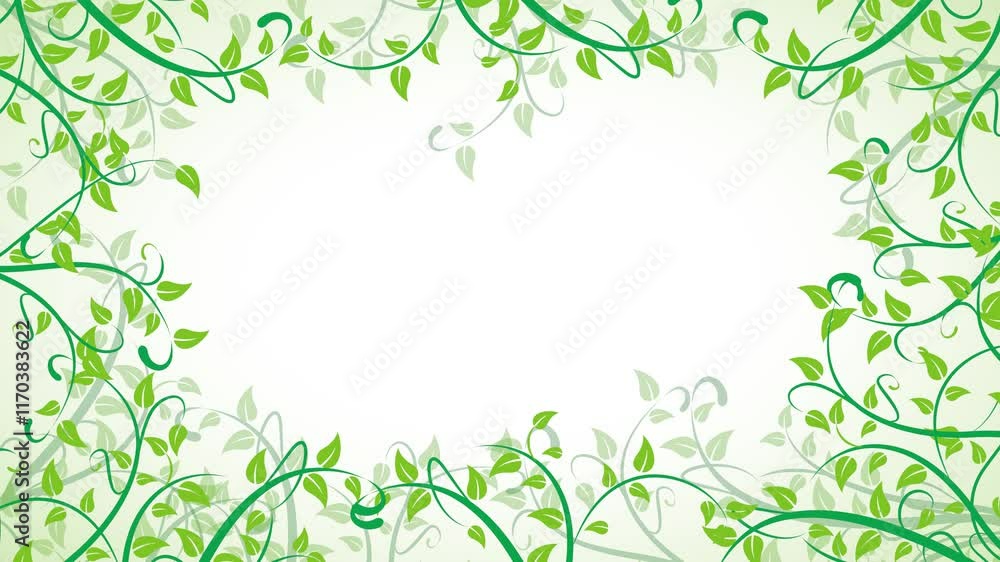 Stylized green vines and leaves create a decorative frame with empty center, Stylized green vines and leaves create a decorative frame with empty center,