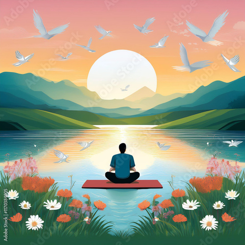 Wallpaper Mural scène sereine au coucher du soleil, avec un lac calme entouré de collines verdoyantes, une personne assise sur un tapis de méditation Torontodigital.ca