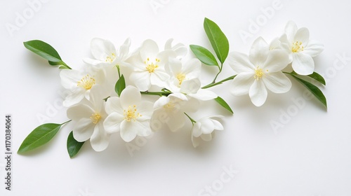 Delicate white blossoms with lush green leaves, beautifully arranged against a soft white backdrop.