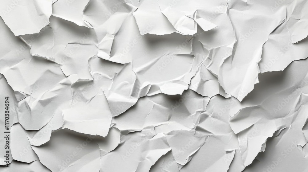 White Crumpled Paper Creates Abstract Texture with Torn Edges and Folded Creases, Minimalist Art. White Crumpled Paper Creates Abstract Texture with Torn Edges and Folded Creases, Minimalist Art.