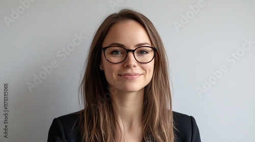 Wallpaper Mural Smiling young Caucasian woman with glasses wearing a professional blazer against a light background. Torontodigital.ca