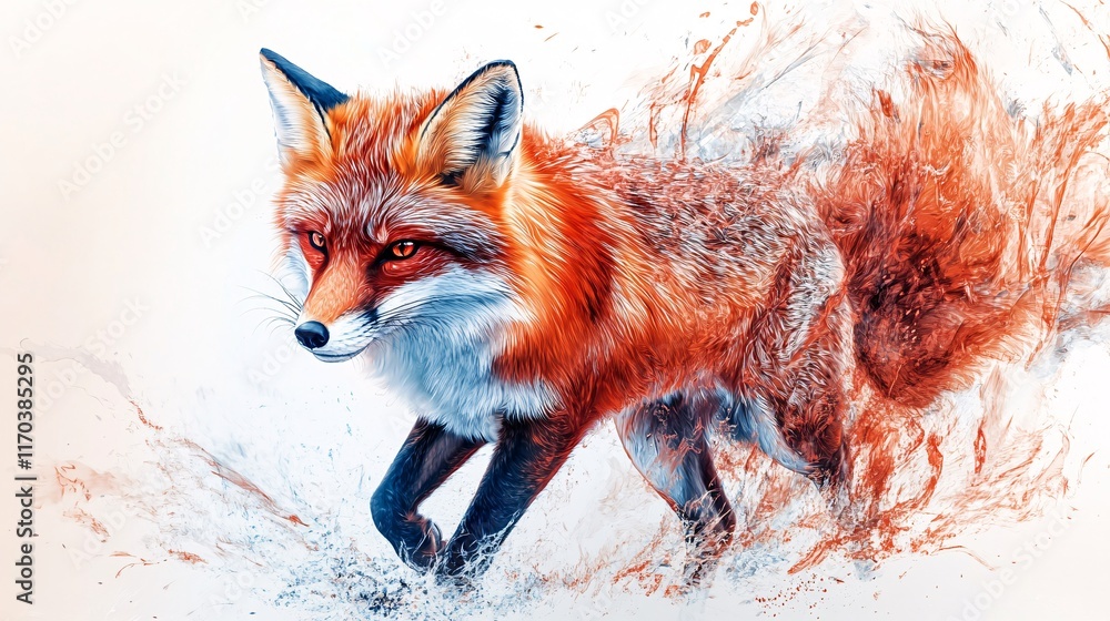 Fototapeta premium A vibrant red fox leaps gracefully, showcasing its stunning fur and piercing eyes, against a dynamic splash of colors.