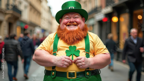red-haired man in full St. Patrick's costume with shamrock in hand, celebration, culture, luck, fun