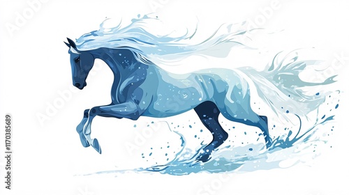 A majestic blue horse with flowing mane dashes through splashing water, evoking a sense of freedom and grace. photo