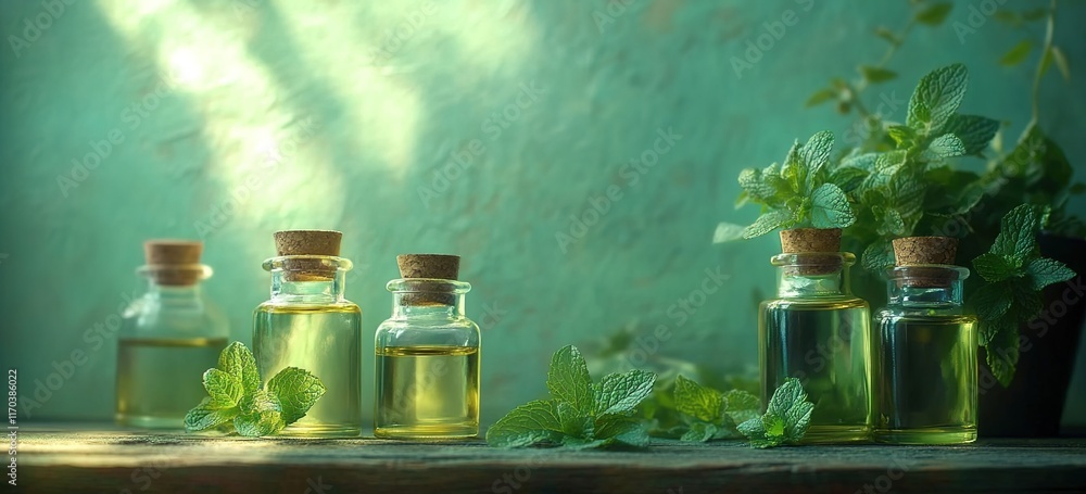 A photograph of small glass bottles filled with fresh mint oil, set on an isolated wooden table in front of a soft green background. A photograph of small glass bottles filled with fresh mint oil, set on an isolated wooden table in front of a soft green background.