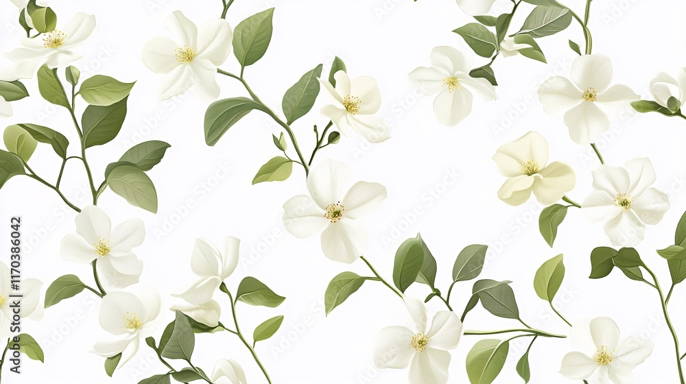 Fototapeta premium Delicate white flowers and green leaves arranged in a beautiful pattern.