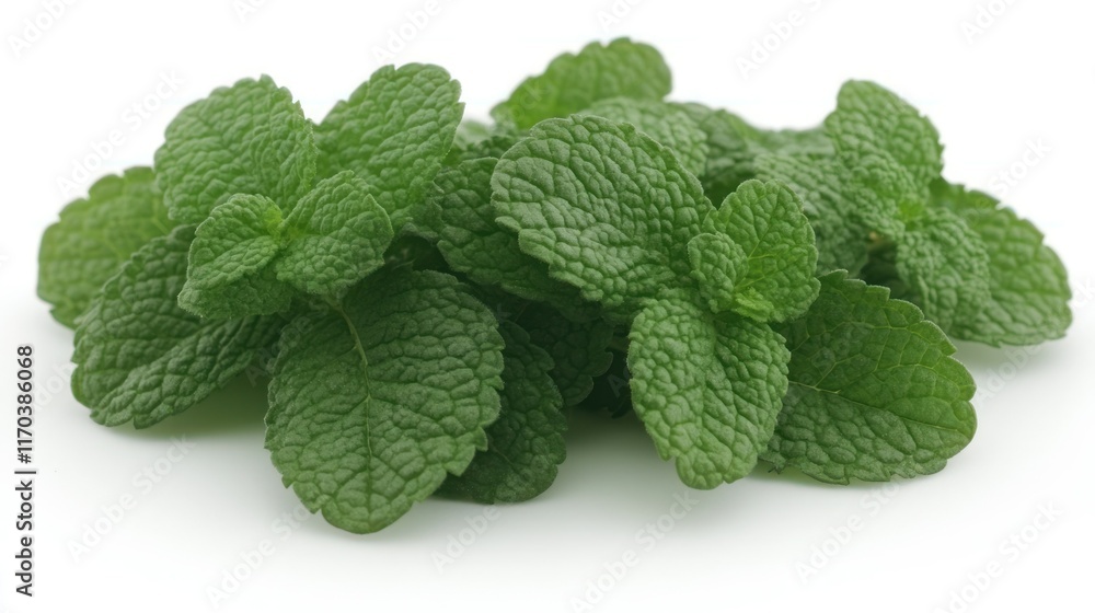 Fresh green mint leaves arranged on a white background. Fresh green mint leaves arranged on a white background.