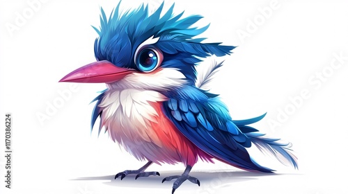 A colorful cartoon kingfisher with vibrant blue and pink feathers, exuding charm and whimsy. photo