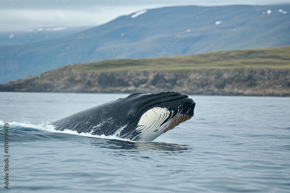 Obraz premium Majestic Whale Diving into Turquoise Waters near Serene Coastal Landscape Nature s Splendor Captured