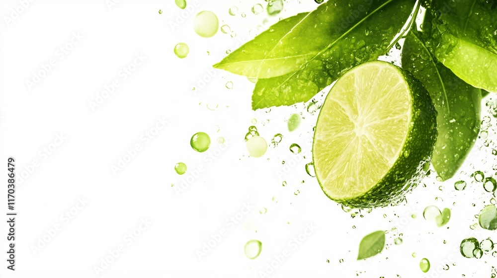 Fresh green lime slice surrounded by splashes of water and green leaves, evoking a vibrant and refreshing mood. Fresh green lime slice surrounded by splashes of water and green leaves, evoking a vibrant and refreshing mood.