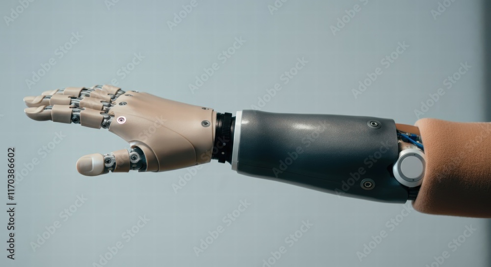 Advanced prosthetic arm technology displaying robotic hand mechanics Advanced prosthetic arm technology displaying robotic hand mechanics