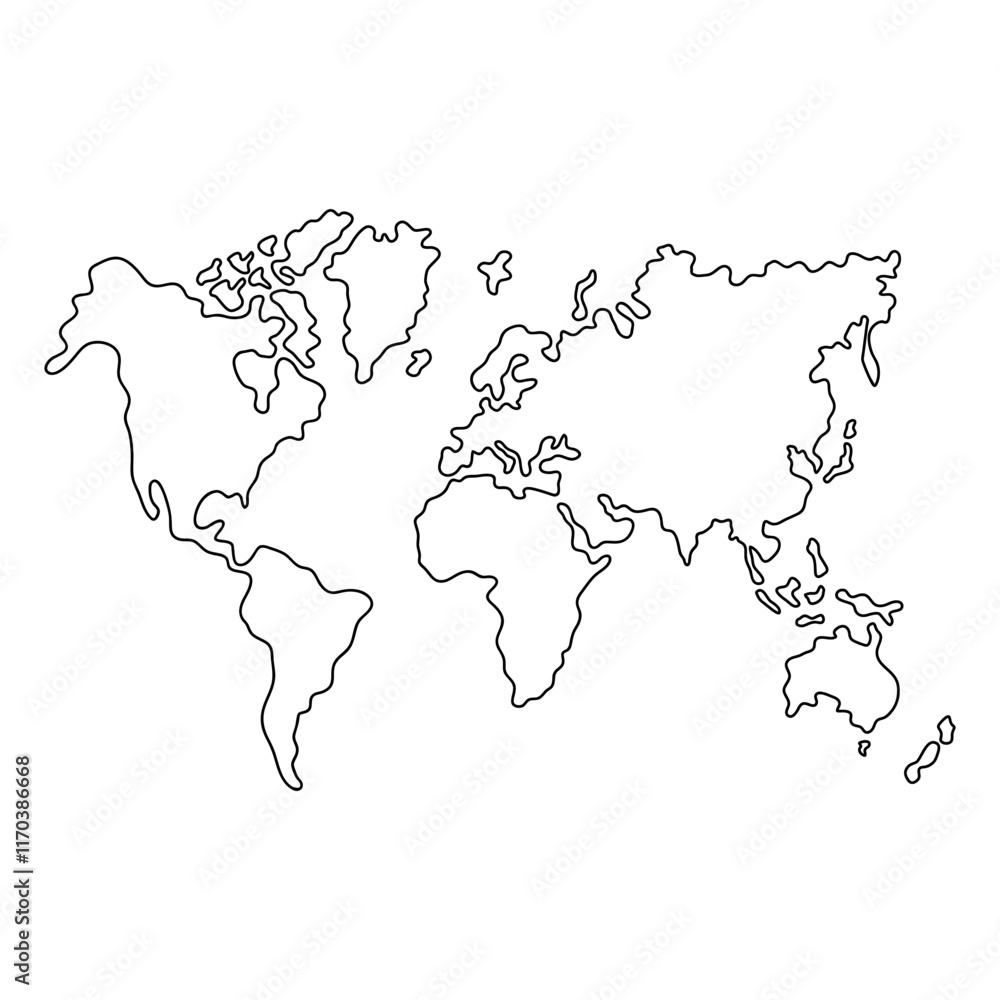 Fototapeta premium World map outline. Globe drawn by hand in black pencil. Strokes. Political map of the world on a white background. Countries. Vector illustration. Scribble.