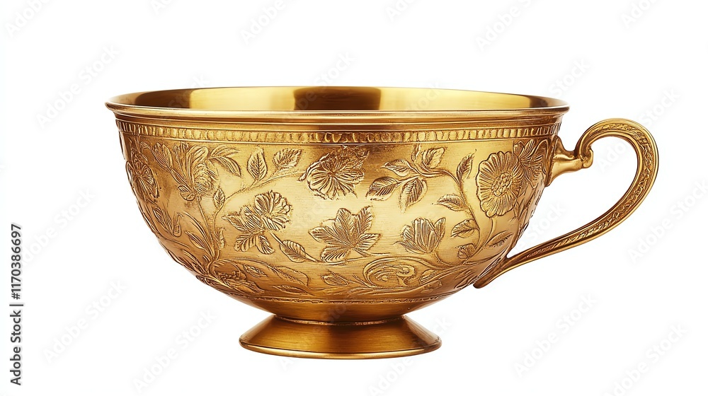 Golden floral teacup on white background, elegant and ornate design. Golden floral teacup on white background, elegant and ornate design.