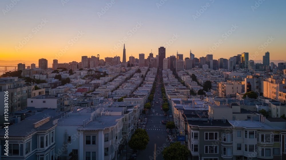 Fototapeta premium San Francisco Skyline at Sunset: Aerial View of Cityscape