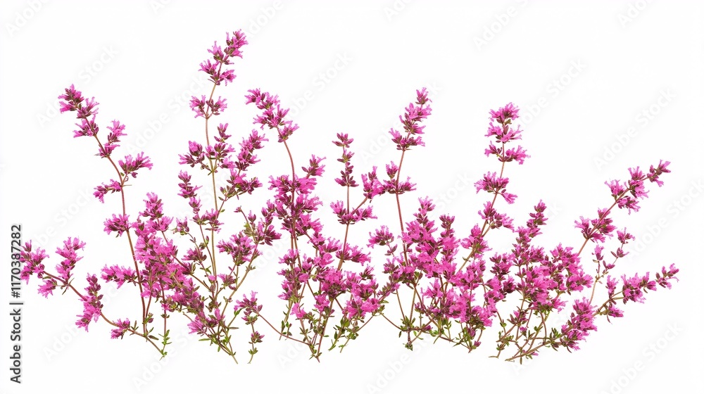 Obraz premium Vibrant pink flowers in full bloom, showcasing delicate petals and lush green stems against a clean white background.