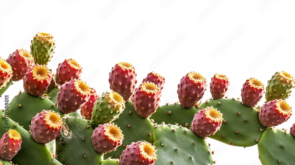 A close-up of a vibrant prickly pear cactus featuring bright red and green fruits against a white background. A close-up of a vibrant prickly pear cactus featuring bright red and green fruits against a white background.