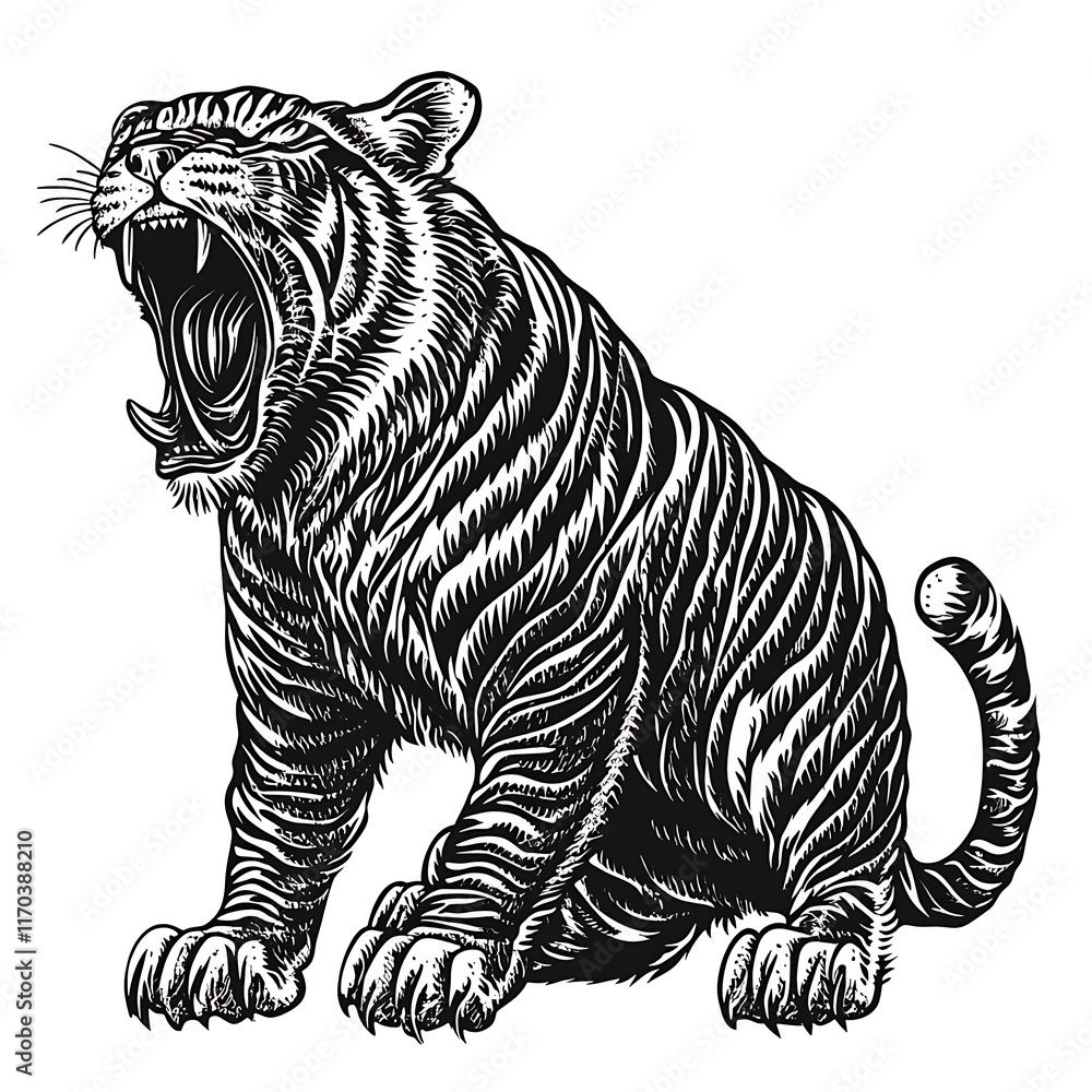 A roaring tiger illustration showcasing its fierce expression. A roaring tiger illustration showcasing its fierce expression.