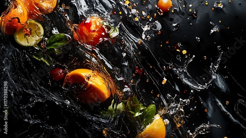 Citrus Fruits Splashing In Dark Liquid With Herbs photo