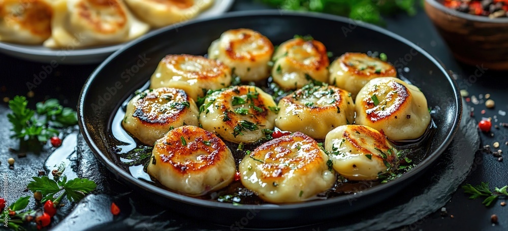 A black pan with a few dumplings, fried in oil and decorated with herbs, sits on the table A black pan with a few dumplings, fried in oil and decorated with herbs, sits on the table