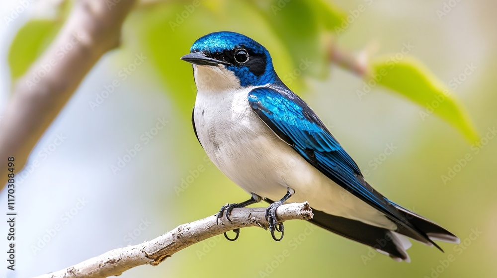A vibrant male tree swallow perched on a branch, showcasing its striking blue and white plumage against a soft background. A vibrant male tree swallow perched on a branch, showcasing its striking blue and white plumage against a soft background.