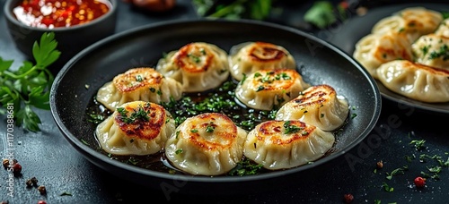 Wallpaper Mural A black pan with a few dumplings, fried in oil and decorated with herbs, sits on the table Torontodigital.ca