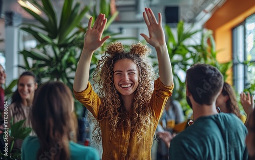 Wallpaper Mural Happy woman celebrating success with colleagues in office. Torontodigital.ca