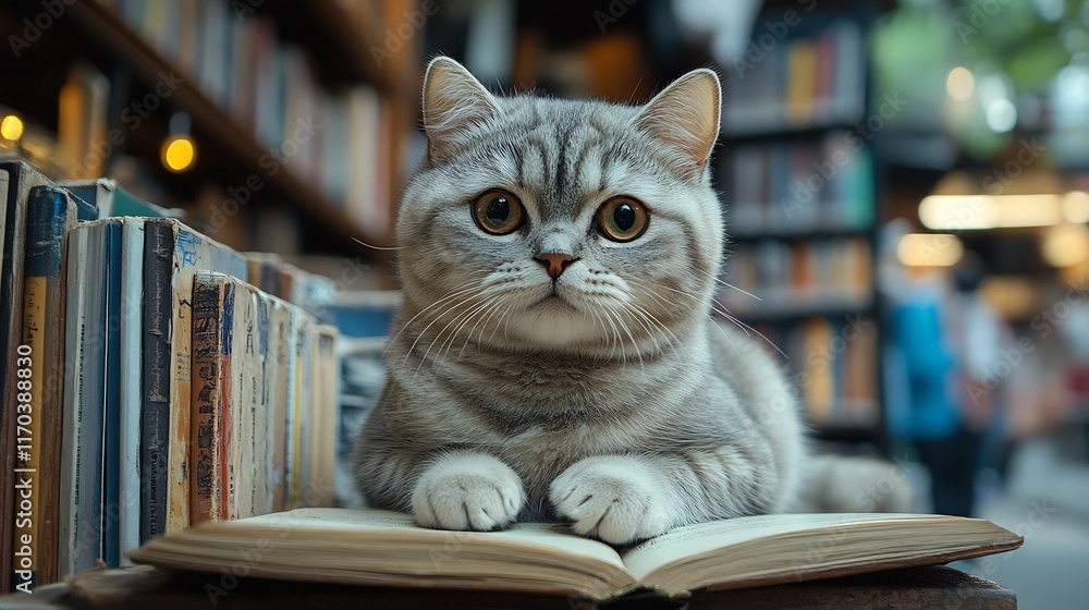 Close-Up Photo: Majestic Grey Cat Serenely Resting on Books in a Cozy Library. AI Generated Close-Up Photo: Majestic Grey Cat Serenely Resting on Books in a Cozy Library. AI Generated