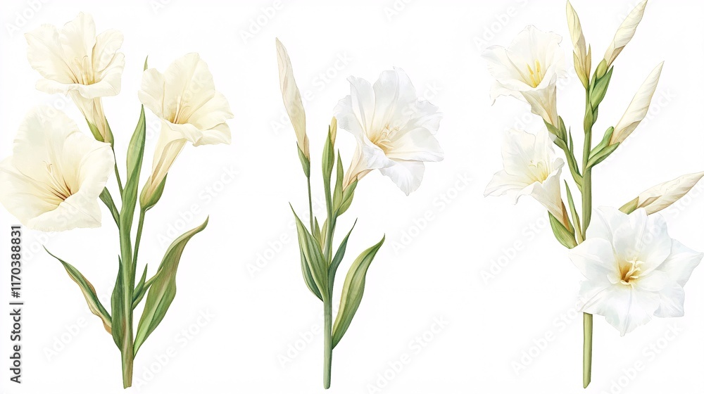 Three elegant white flowers arranged artistically with lush green leaves. Three elegant white flowers arranged artistically with lush green leaves.