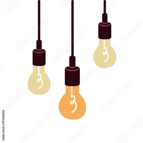 Lightbulbs hanging on cords. Light bulbs decoration in retro style. Pendant lamps, cozy hygge interior decor. Modern electric illumination. Flat vector illustration isolated on white background