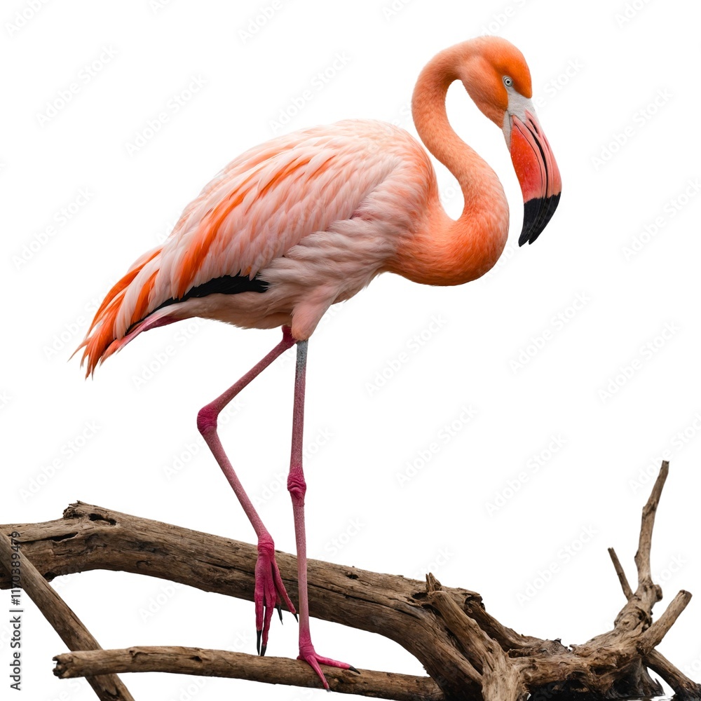 Obraz premium Greater Flamingo on piece of wood isolated on white background