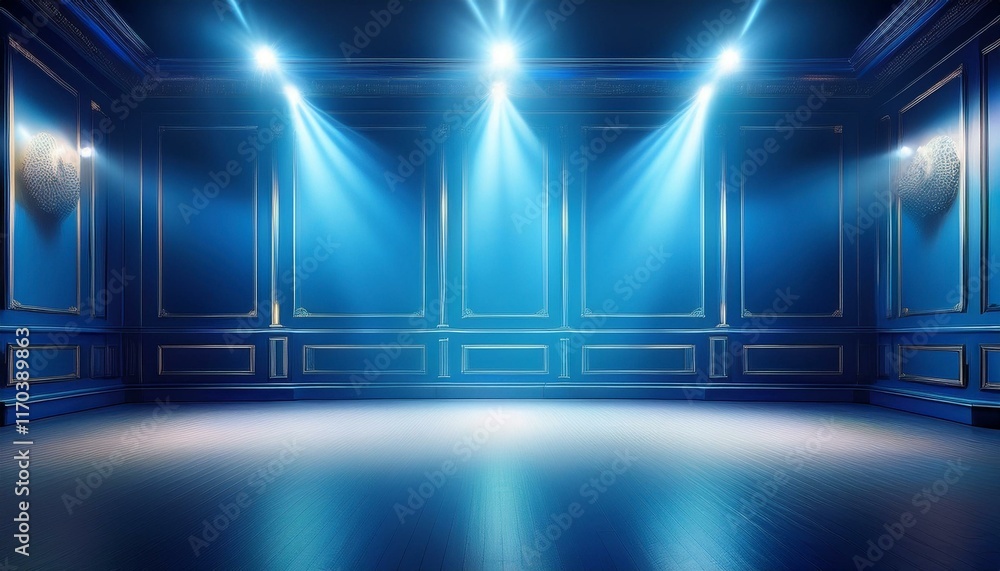 A luxurious blue studio room with spotlights serves as captivating background A luxurious blue studio room with spotlights serves as captivating background
