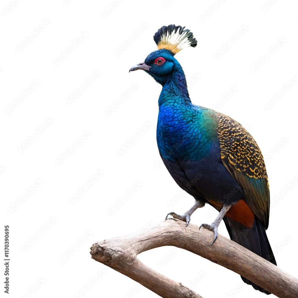 Obraz premium Himalayan monal perchedon piece of wood isolated on white background