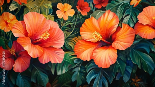 Wallpaper Mural Vibrant orange and yellow hibiscus flowers against lush green foliage. Torontodigital.ca
