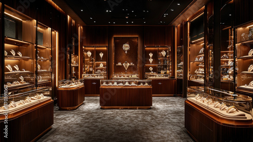 Empty elegant jewelry store interior with luxurious wooden displays.