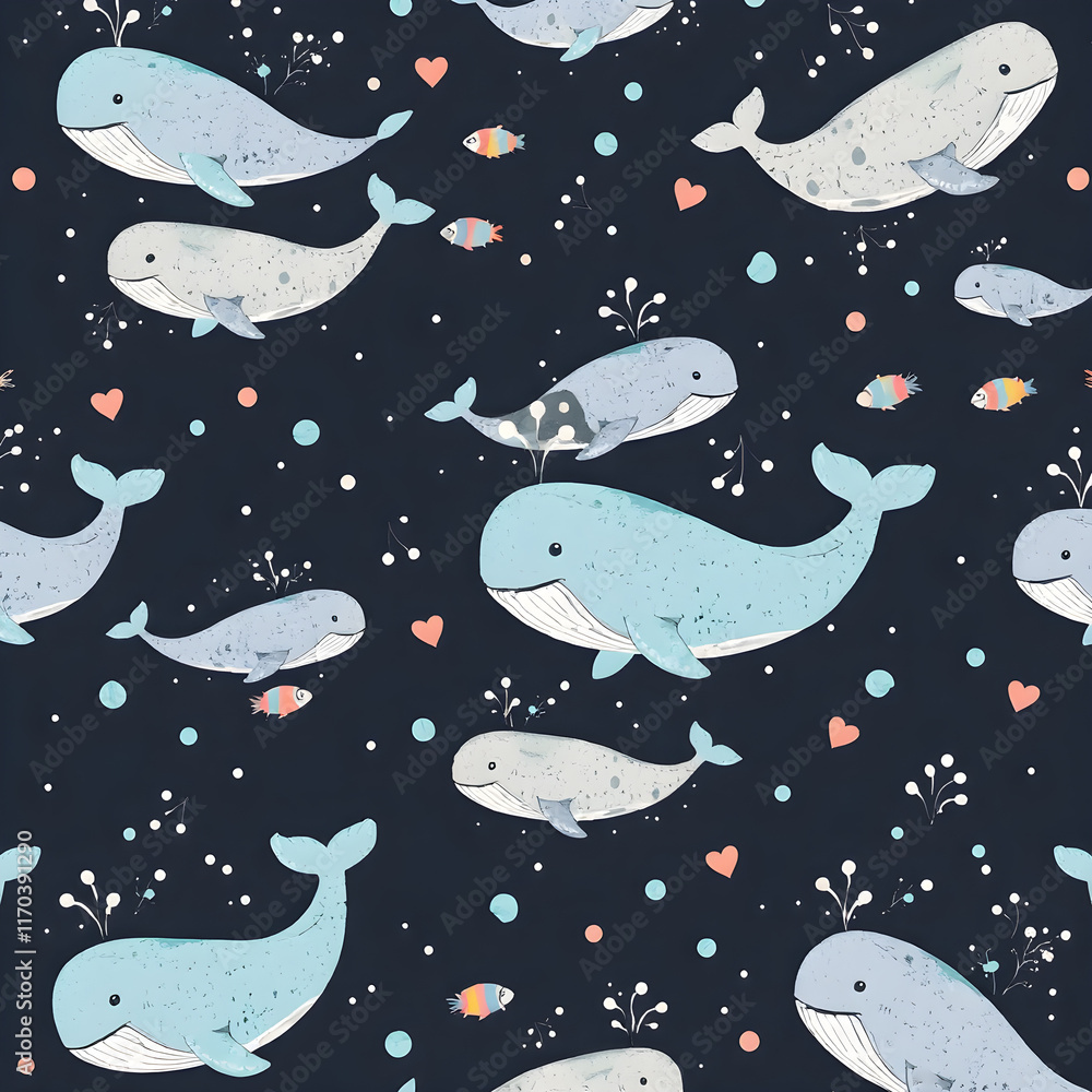 Obraz premium Seamless pattern of pastel whales with water splashes, surrounded by bubbles and fish.