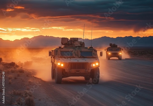 A high-quality photo of light armored vehicles driving on desert roads at sunset, with an American and European-style design in the background. photo