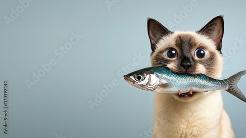 Playful Cat Joyfully Holding a Fresh Fish in Its Mouth while Sitting on a Cozy Rug in a Brightly Lit Room Creating a Whimsical and Cheerful Atmosphere photo