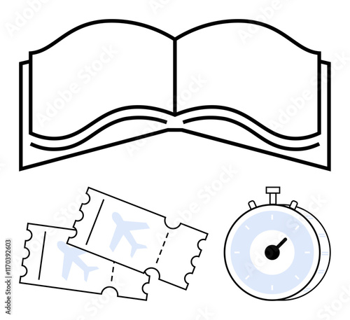 Open book, airplane tickets, stopwatch representing travel planning, time management, education, scheduling, and exploration. Ideal for travel tips, time efficiency study plans and abstract line